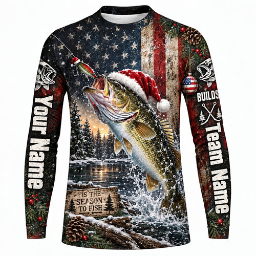 Personalized Christmas Bass Fishing UPF Long Sleeve Shirt, Santa & American Flag