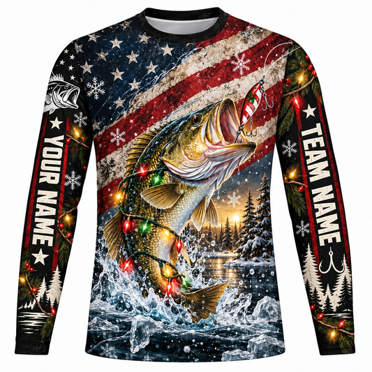 Personalized Christmas Bass Fishing UPF Long Sleeve Shirt, American Flag & Christmas Lights