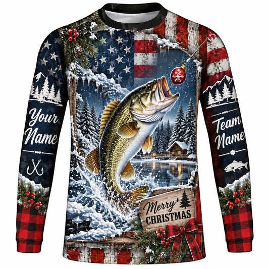 Personalized Christmas Bass Fishing UPF Long Sleeve Shirt, Merry Christmas & American Flag