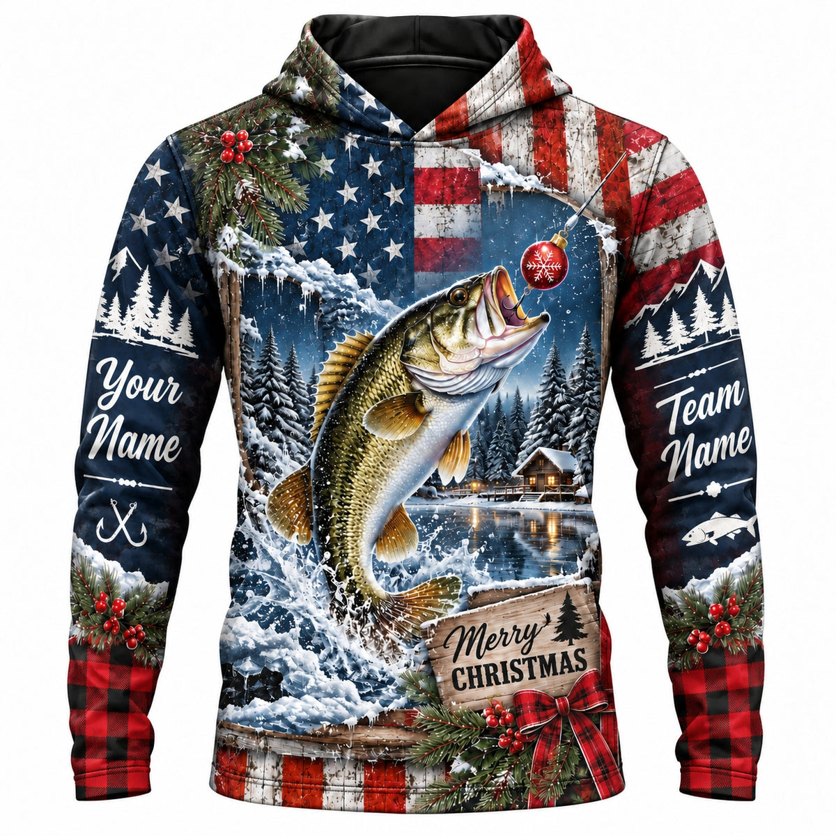 Personalized Christmas Bass Fishing UPF Long Sleeve Shirt, Merry Christmas & American Flag