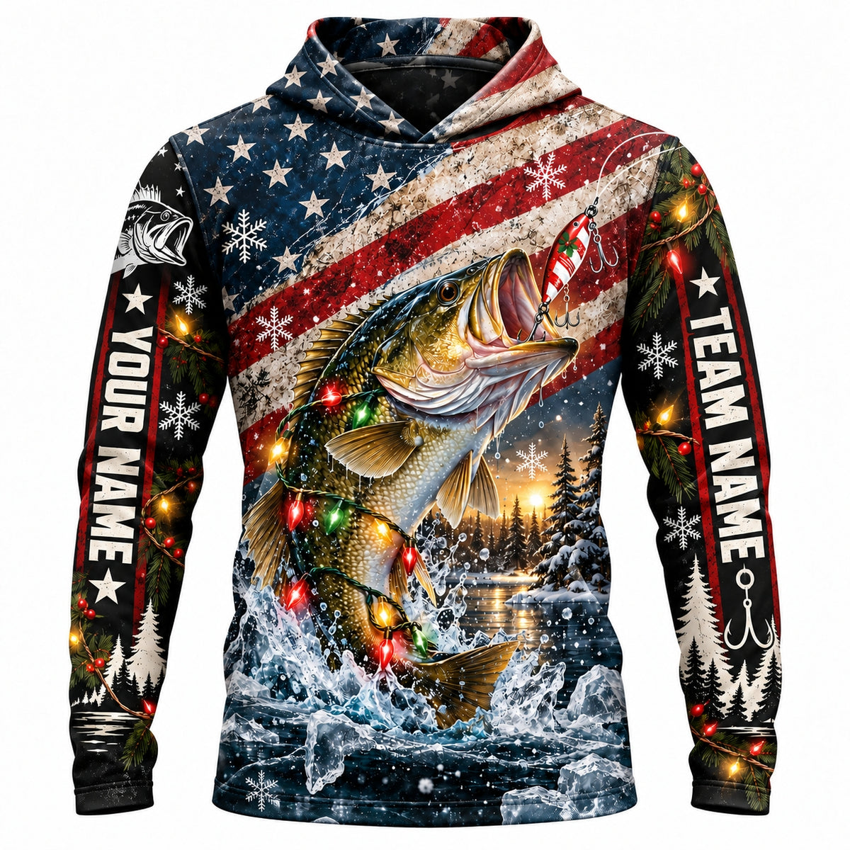 Personalized Christmas Bass Fishing UPF Long Sleeve Shirt, American Flag & Christmas Lights