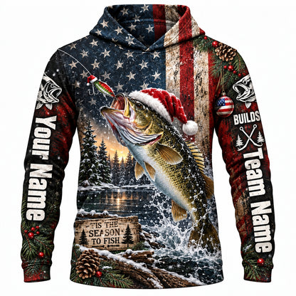 Personalized Christmas Bass Fishing UPF Long Sleeve Shirt, Santa & American Flag