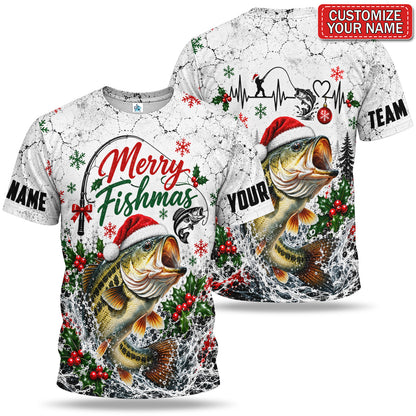 Personalized Merry Fishmas Santa Hat Bass Fishing 3D T-Shirt