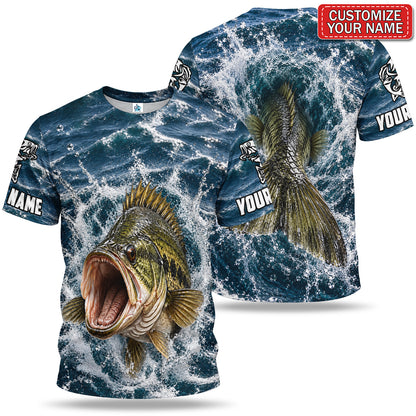 Personalized Green and Gold Fish Splash 3D Fishing T-Shirt