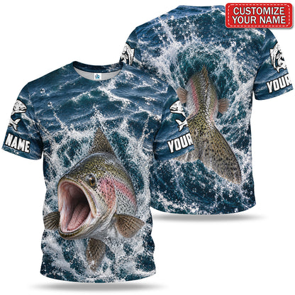 Personalized Rainbow Trout Water Splash 3D Fishing T-Shirt