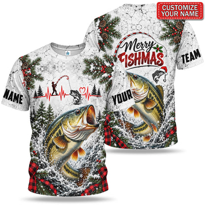 Personalized Christmas Bass and Angler Heartbeat Fishing 3D T-Shirt