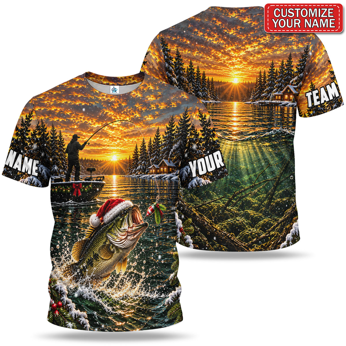 Personalized Christmas Bass and Sunset Lake Fishing 3D T-Shirt