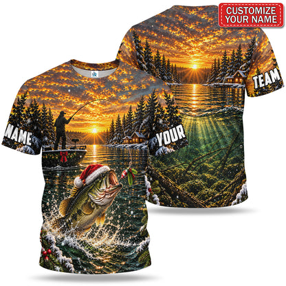 Personalized Christmas Bass and Sunset Lake Fishing 3D T-Shirt