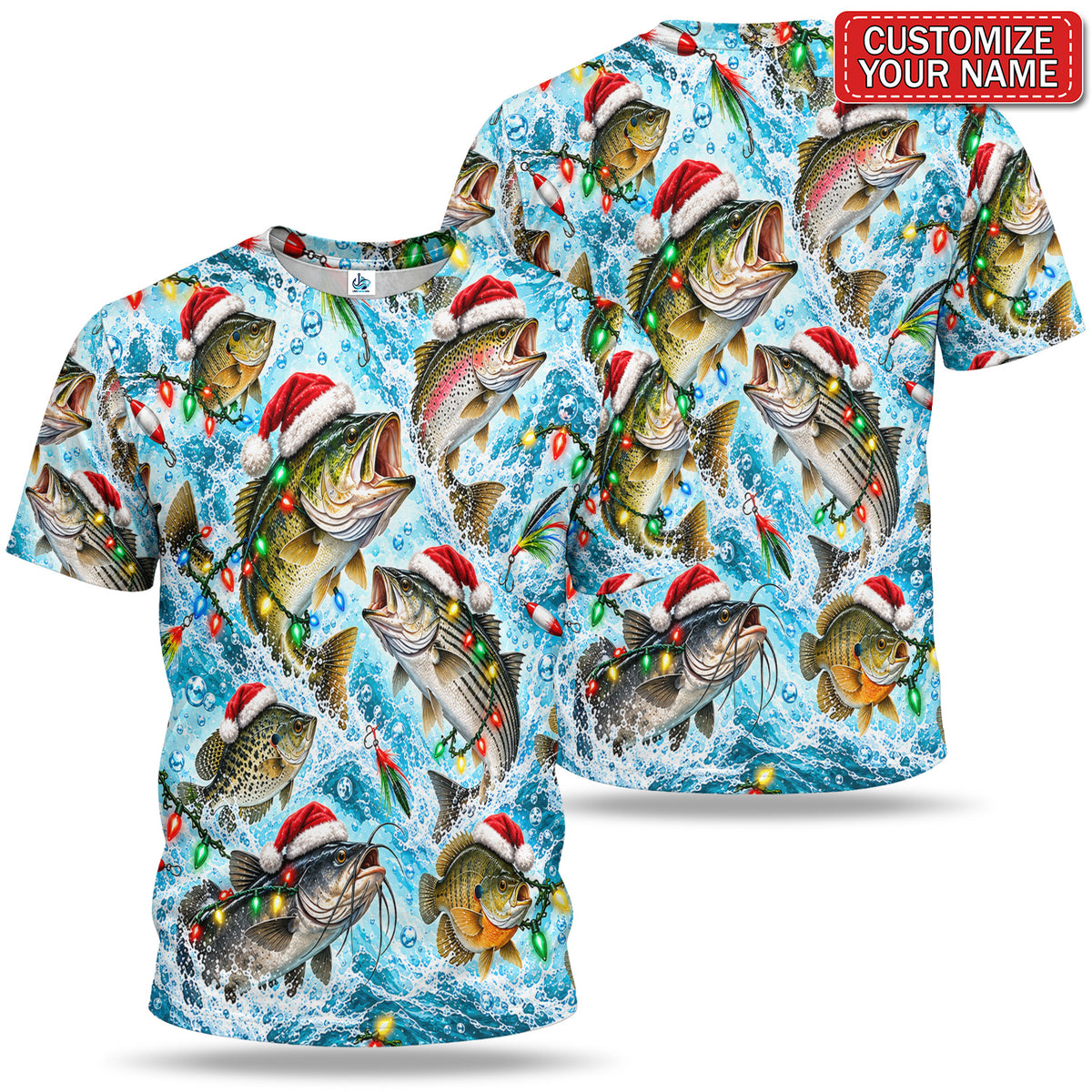 Personalized Santa Hat Fish and Christmas Lights Fishing T-Shirt