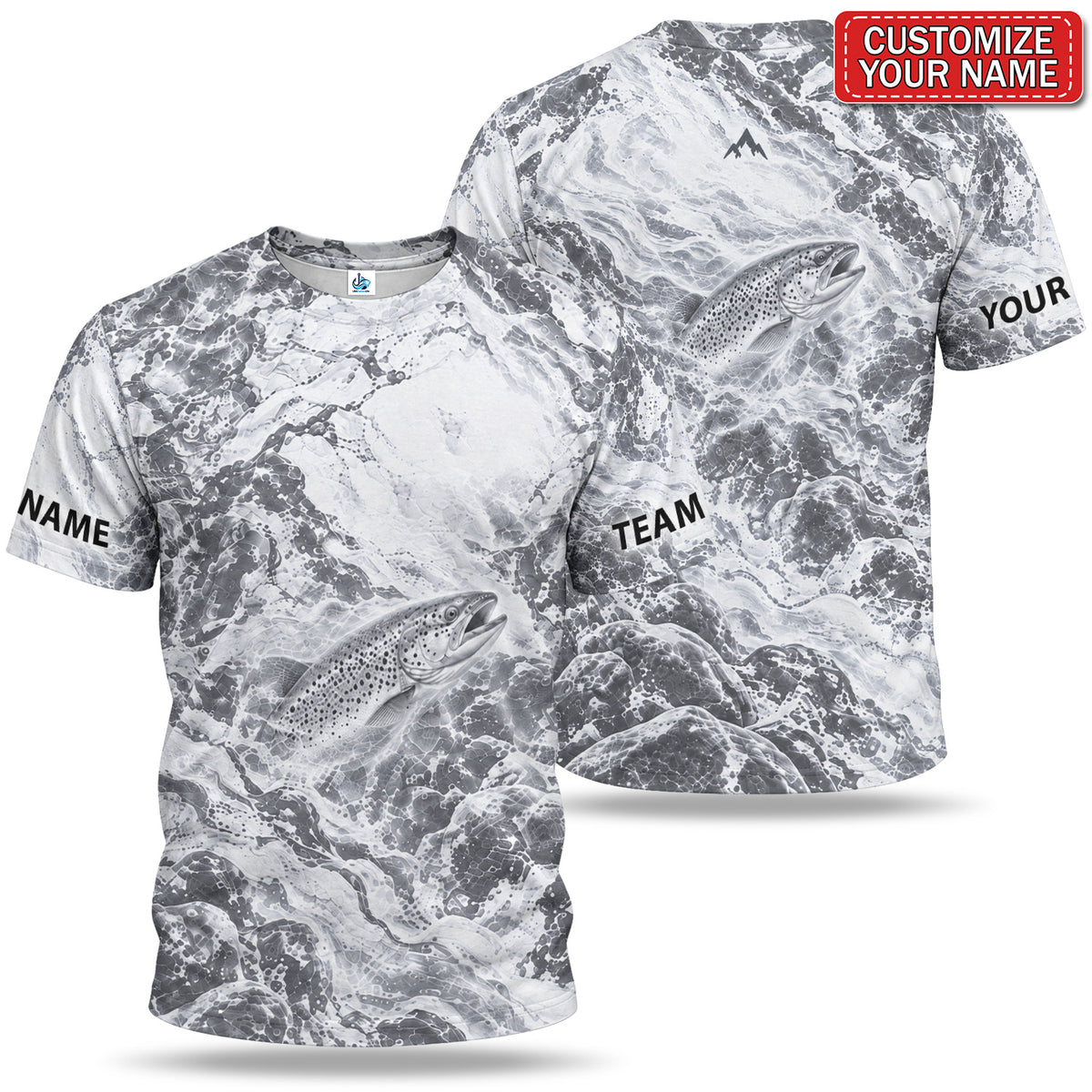 Personalized Monochrome Trout and Water Splash Fishing T-Shirt