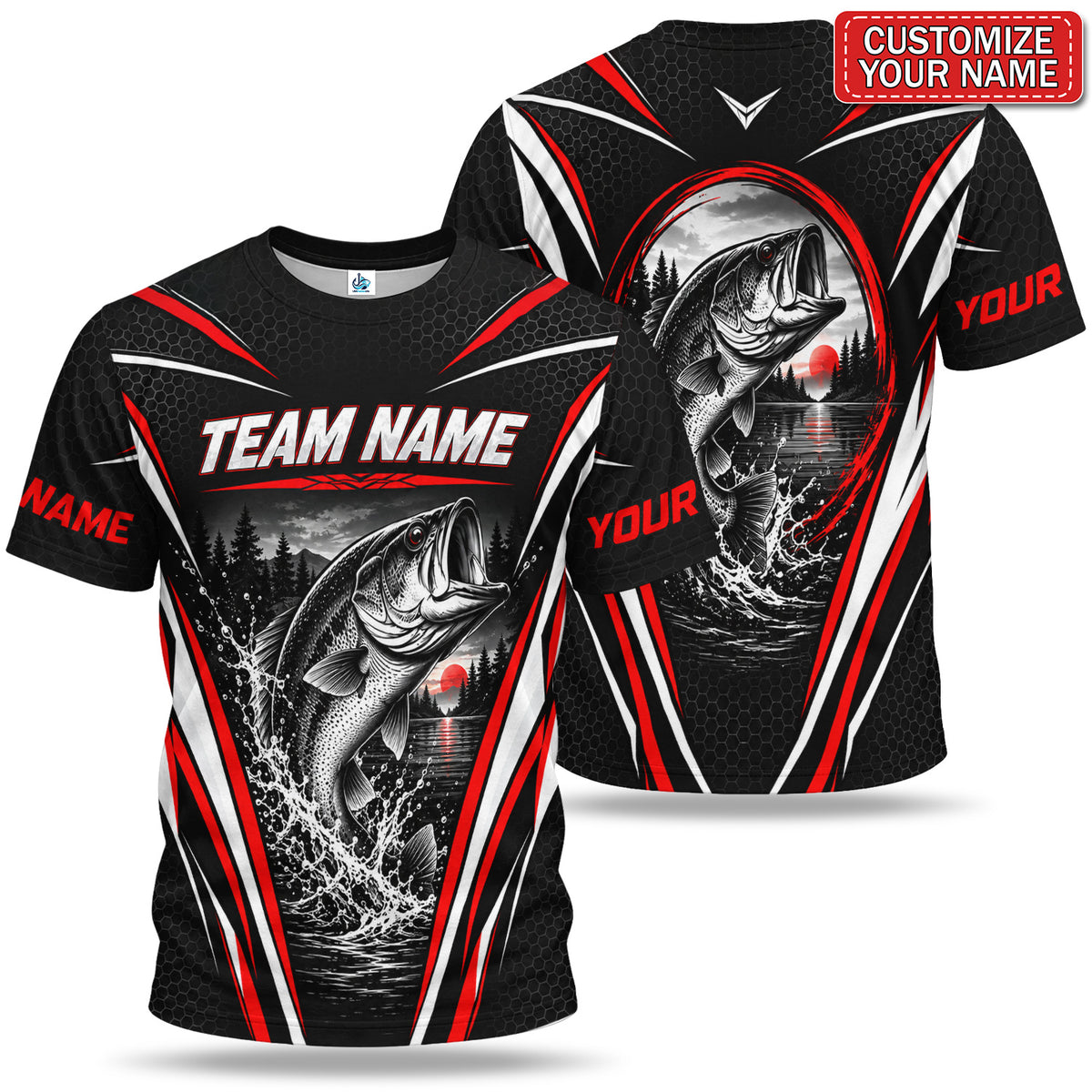 Personalized Bass Fishing Team T-Shirt With Red Sunset
