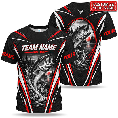 Personalized Bass Fishing Team T-Shirt With Red Sunset