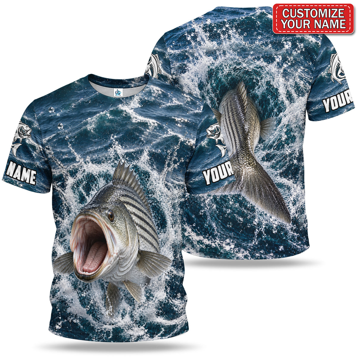 Personalized Striped Bass Water Splash Fishing 3D T-Shirt