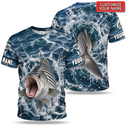 Personalized Striped Bass Water Splash Fishing 3D T-Shirt
