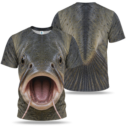 Open Mouth Catfish Face and Whiskers 3D Fishing T-Shirt