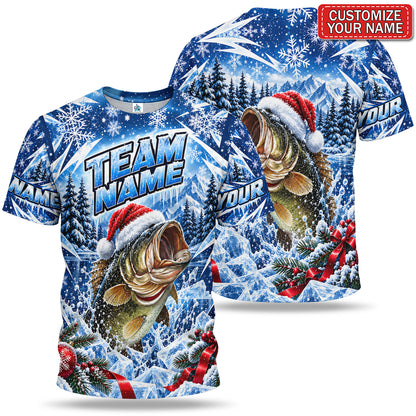 Personalized Christmas Santa Hat Bass Fishing Team T-Shirt