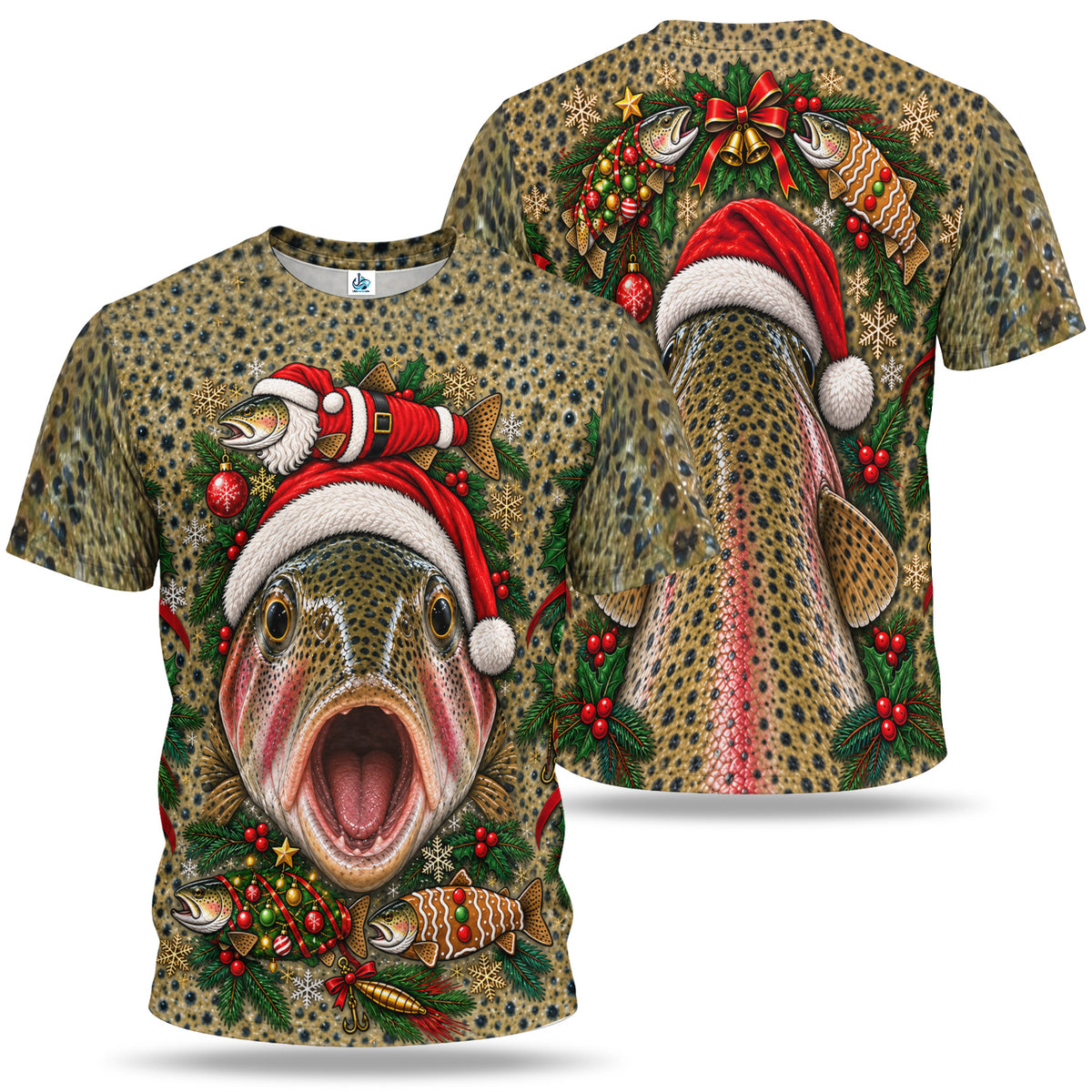 Santa Rainbow Trout and Christmas Ornaments 3D Fishing T-Shirt