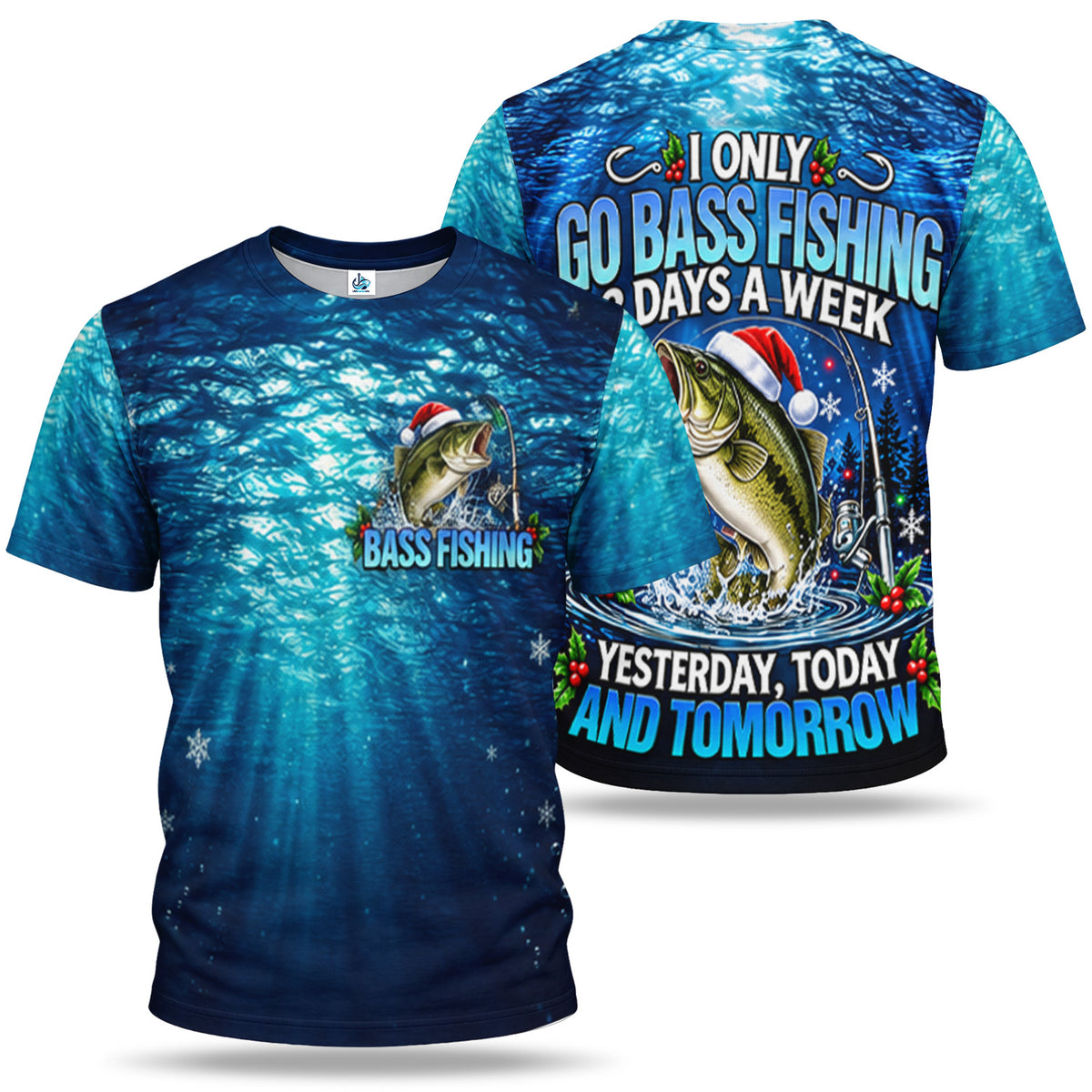 Santa Hat Bass Fishing in Blue Water 3D T-Shirt