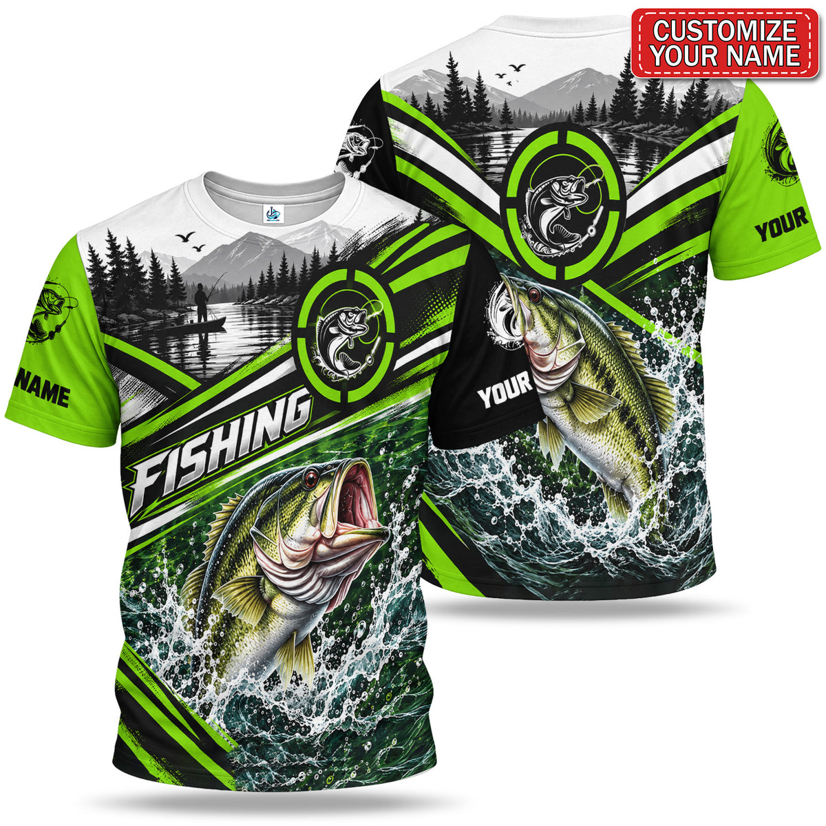 Personalized Bass and Mountain Lake Fishing T-Shirt With Neon Green Accents