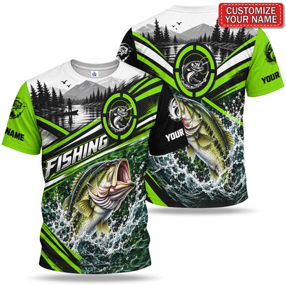 Personalized Bass and Mountain Lake Fishing T-Shirt With Neon Green Accents