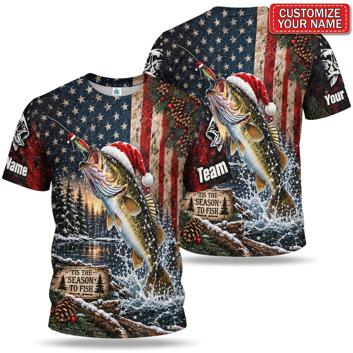 Personalized Santa Fish American Flag Fishing T-Shirt