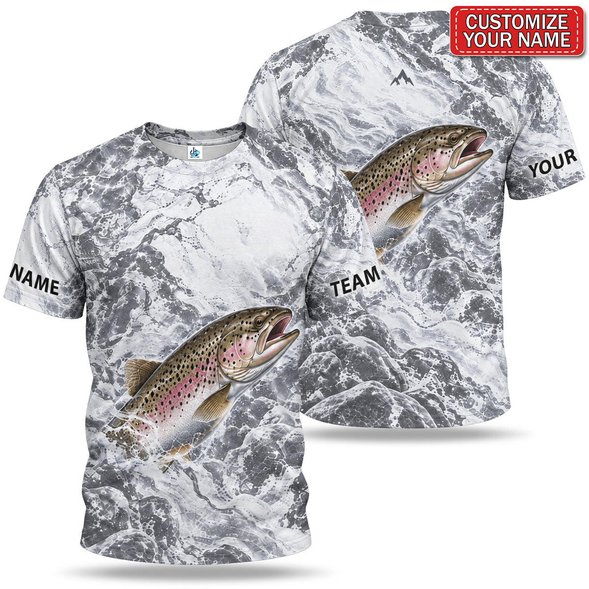 Personalized Rainbow Trout and Gray Water Splash Fishing T-Shirt