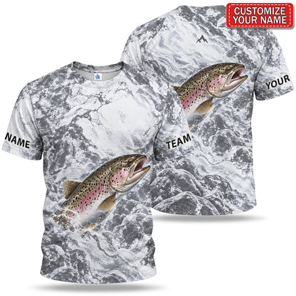 Personalized Rainbow Trout and Gray Water Splash Fishing T-Shirt