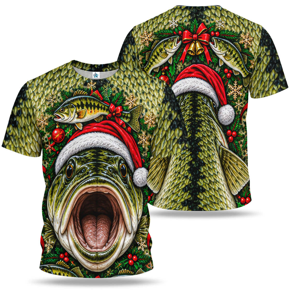 Santa Hat Bass Face and Holiday Greenery 3D Fishing T-Shirt