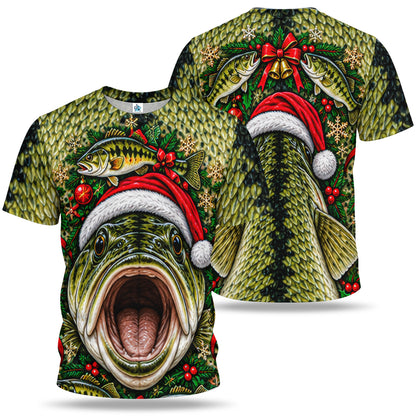 Santa Hat Bass Face and Holiday Greenery 3D Fishing T-Shirt