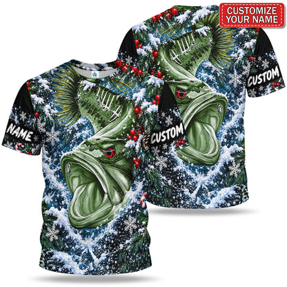 Personalized Bass Close-Up and Snowy Pine Christmas Fishing T-Shirt