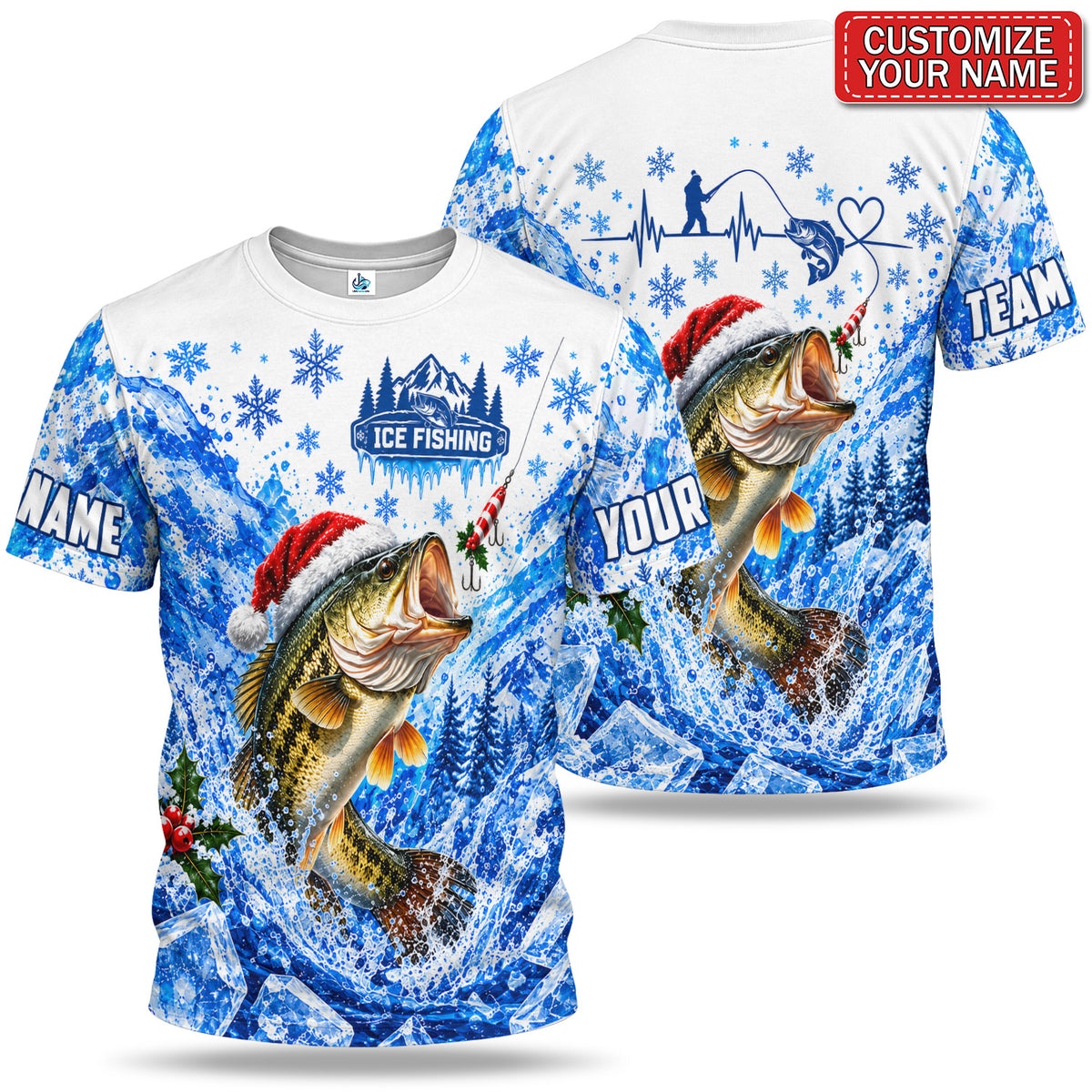 Personalized Santa Hat Bass Ice Fishing T-Shirt