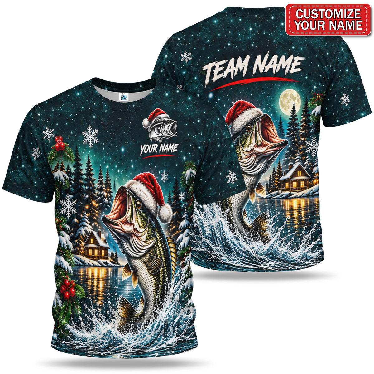 Personalized Santa Hat Bass and Snowy Lake Christmas Fishing T-Shirt