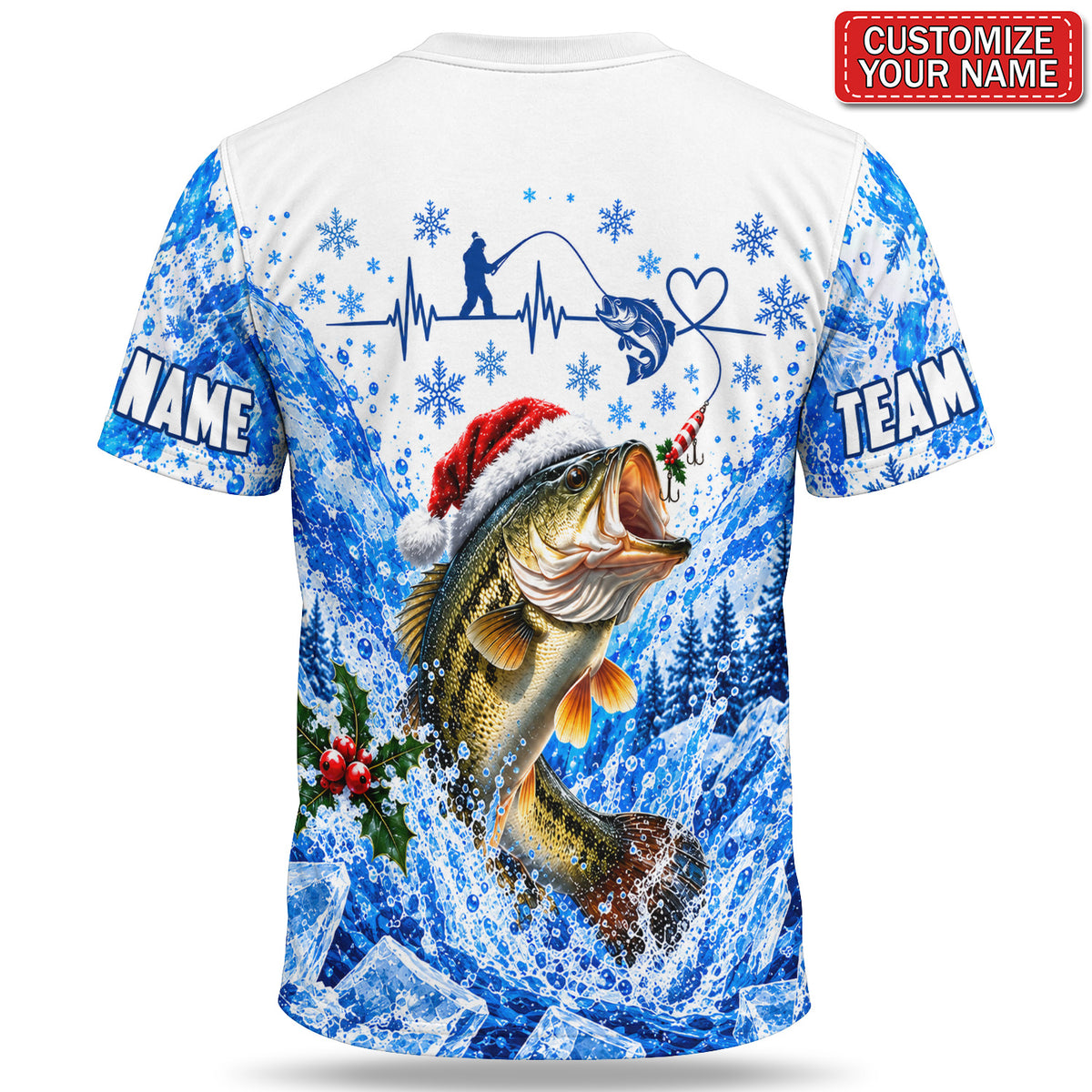 Personalized Santa Hat Bass Ice Fishing T-Shirt