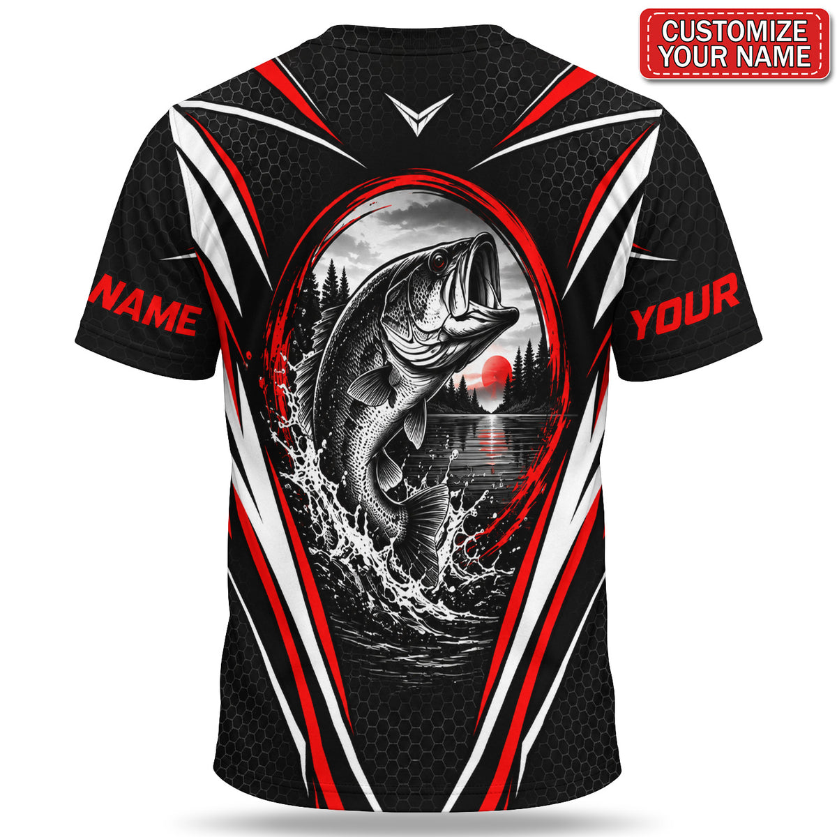 Personalized Bass Fishing Team T-Shirt With Red Sunset