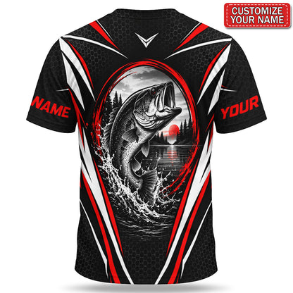 Personalized Bass Fishing Team T-Shirt With Red Sunset
