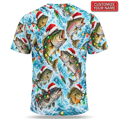 Personalized Santa Hat Fish and Christmas Lights Fishing T-Shirt