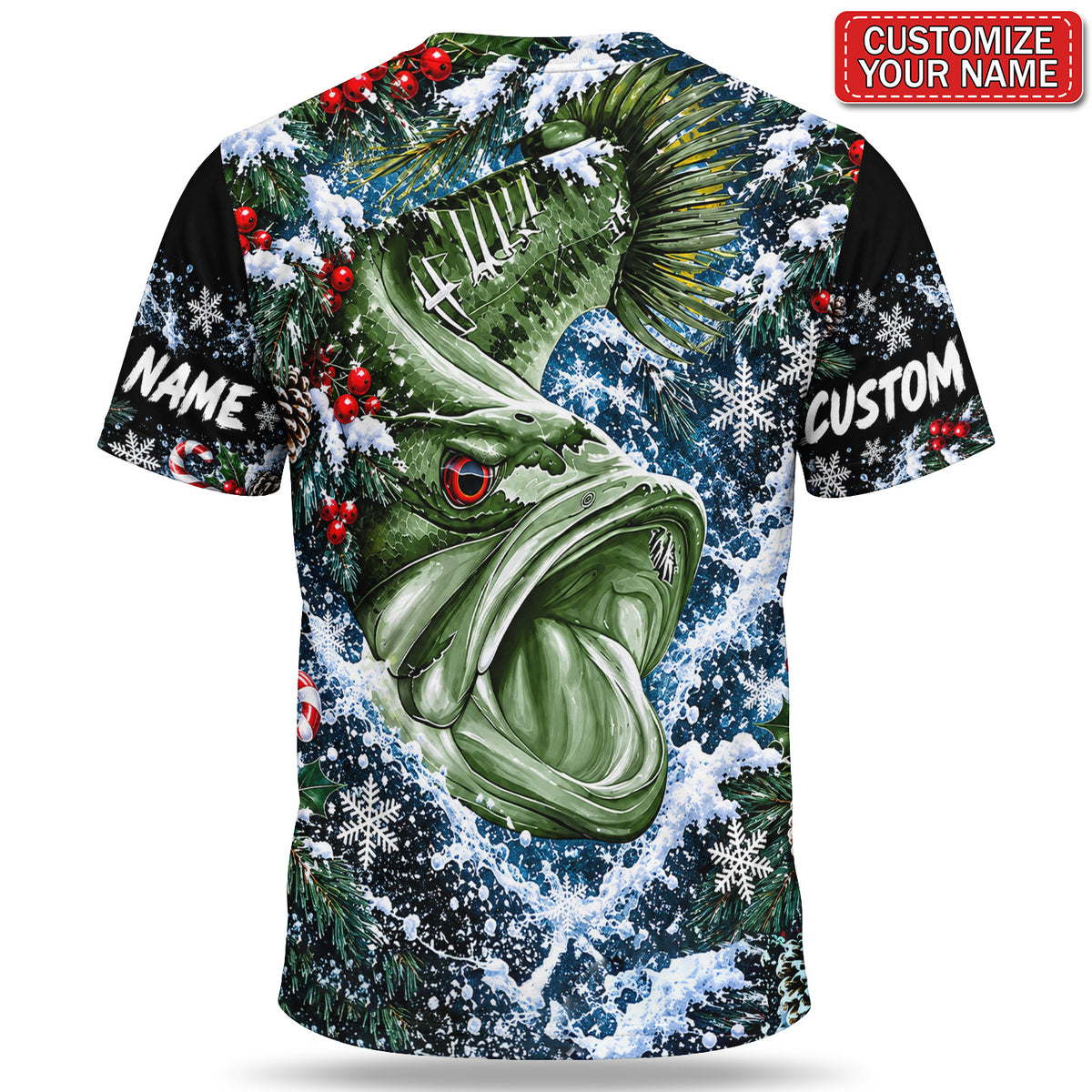 Personalized Bass Close-Up and Snowy Pine Christmas Fishing T-Shirt