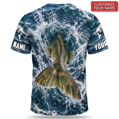 Personalized Golden Fish Breaking Waves 3D Fishing T-Shirt