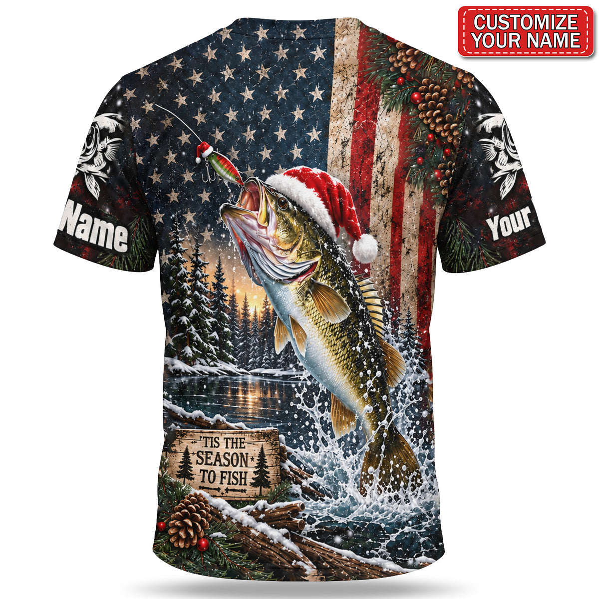 Personalized Santa Fish American Flag Fishing T-Shirt