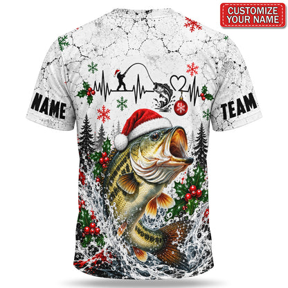 Personalized Merry Fishmas Santa Hat Bass Fishing 3D T-Shirt