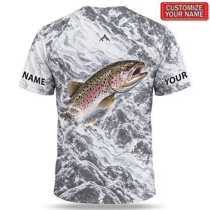 Personalized Rainbow Trout and Gray Water Splash Fishing T-Shirt