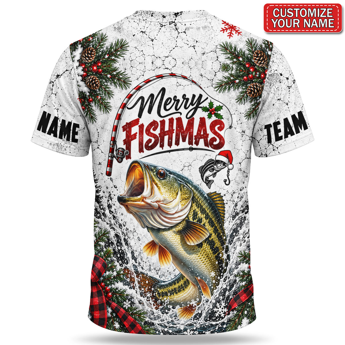 Personalized Christmas Bass and Angler Heartbeat Fishing 3D T-Shirt