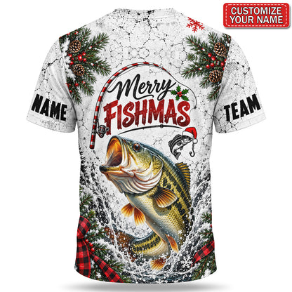 Personalized Christmas Bass and Angler Heartbeat Fishing 3D T-Shirt