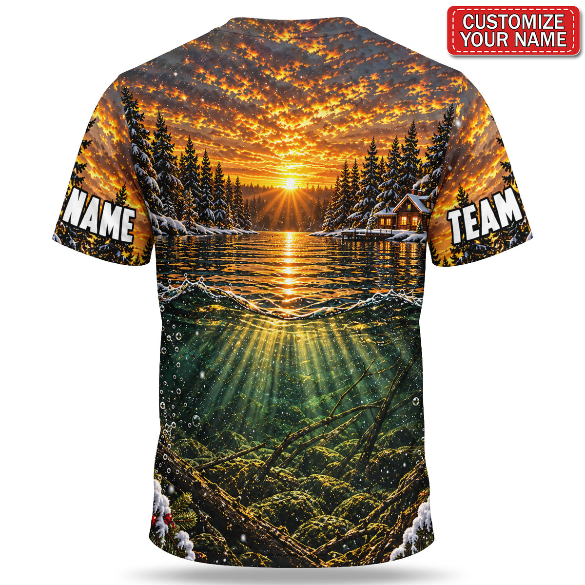 Personalized Christmas Bass and Sunset Lake Fishing 3D T-Shirt