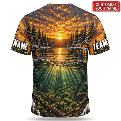 Personalized Christmas Bass and Sunset Lake Fishing 3D T-Shirt