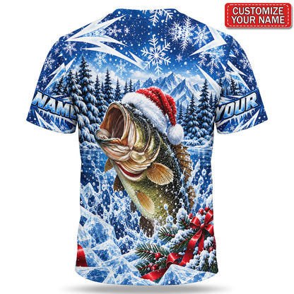 Personalized Christmas Santa Hat Bass Fishing Team T-Shirt