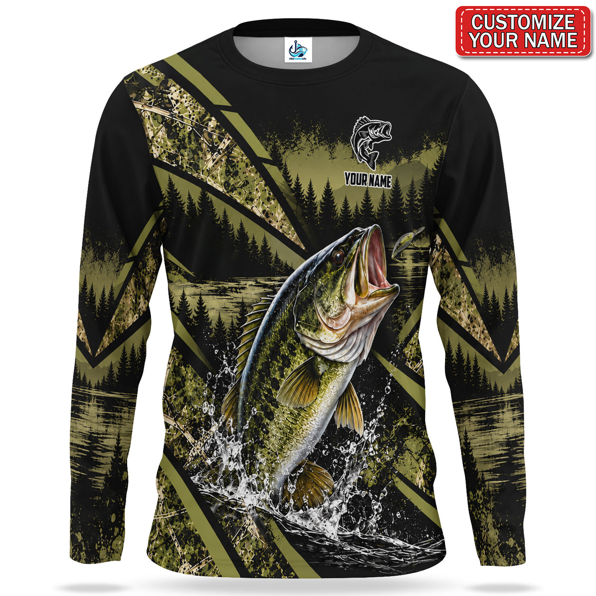 Jumping Bass Forest Lake Personalized UPF Sun Protection Fishing Long Sleeve Shirt