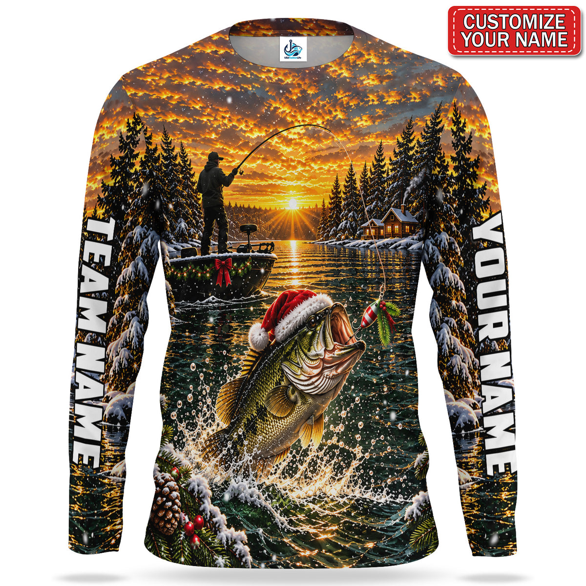 Christmas Bass Sunset Personalized UPF Sun Protection Fishing Long Sleeve Shirt