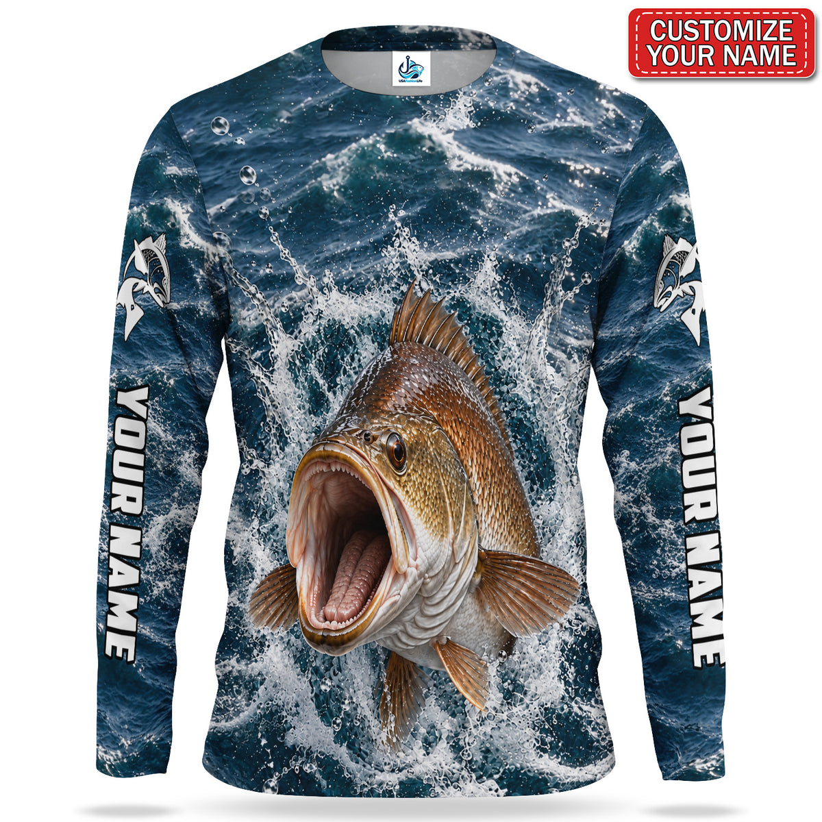 Ocean Splash Fish Personalized UPF Sun Protection Fishing Long Sleeve Shirt