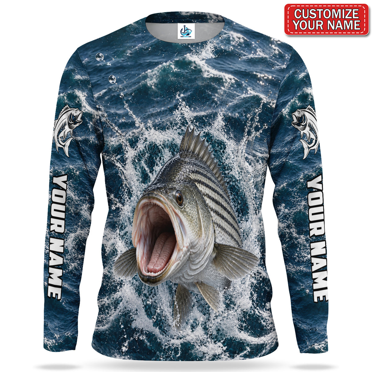 Striped Bass Splash Personalized UPF Sun Protection Fishing Long Sleeve Shirt